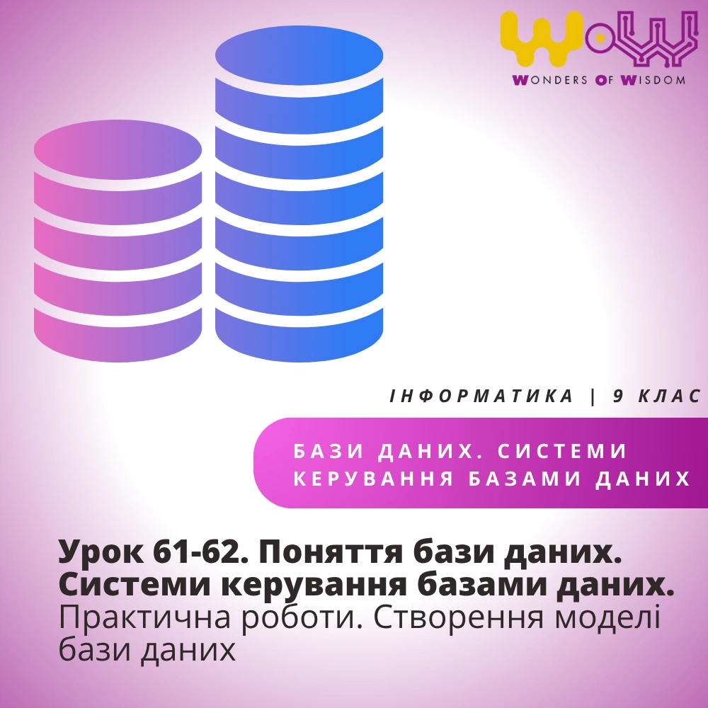 Урок 61-62. Поняття бази даних. Системи керування базами даних. Практична роботи. Створення моделі бази даних